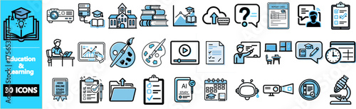 A collection of 30 line art icons with blue accents representing various education and learning concepts.