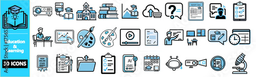 Set of education and learning icons in blue and black outline.