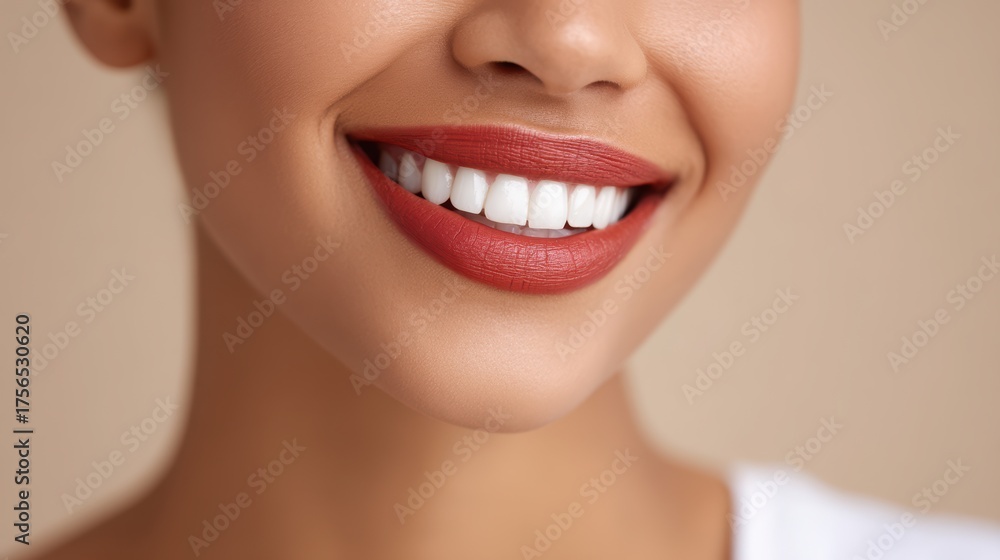 Fototapeta premium Bright smile showcasing perfect teeth and subtle makeup against a soft background.
