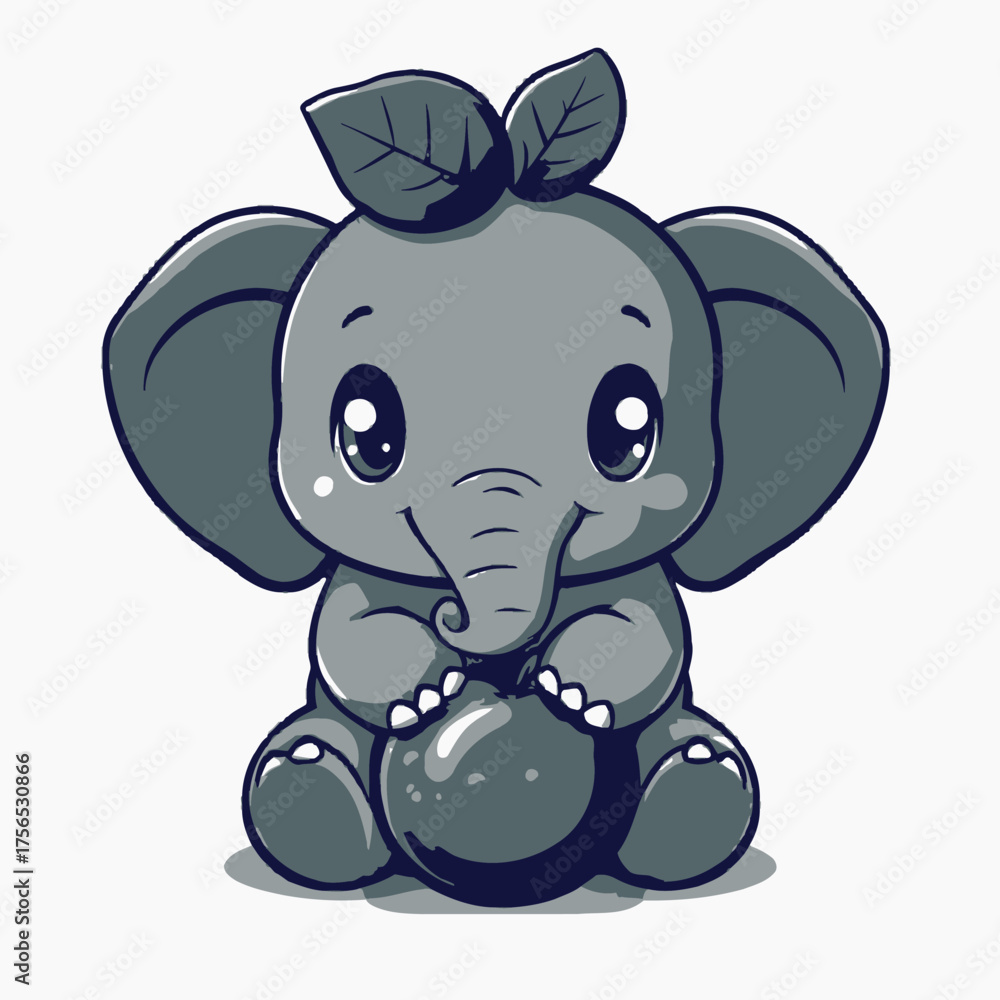 Fototapeta premium Cute cartoon baby elephant sitting and holding a dark fruit.