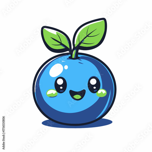 Adorable Kawaii Blueberry Sprout with Happy Face and Green Leaves.