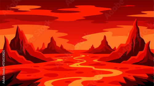A redhued landscape with molten lava slowly oozing from cracks in the earths surface.