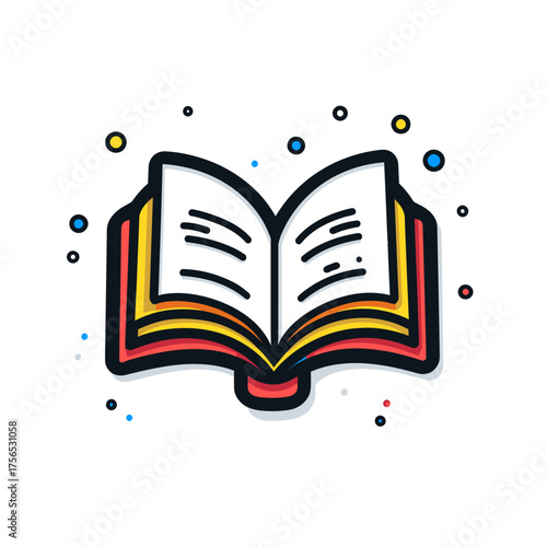 Vibrant Open Book Illustration with Colorful Pages and Dots.