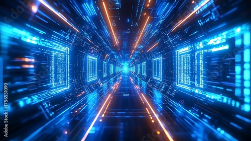 Flying Through a Glowing Digital Cyberspace Corridor with Blue and Orange Lights.