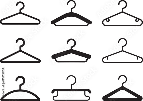 hanger collection flat lay set showing nine different hanger styles for clothing storage organization and visual merchandising