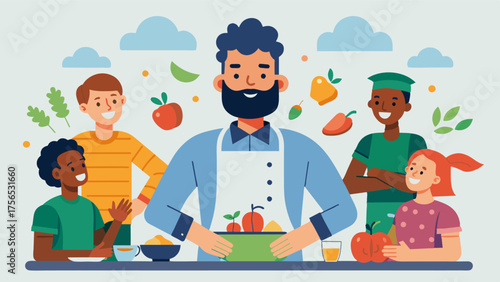 A cooking class highlighting healthy and nourishing meals for men encouraging a positive relationship with food and body image.. Vector illustration