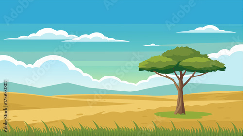 An endless expanse of grasslands stretching as far as the eye can see interrupted only by the occasional lone acacia tree standing tall against the vast sky.