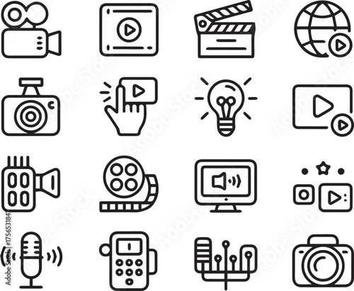 multimedia icon pack black and white line icons for video production streaming camera and audio ai eps png jpeg