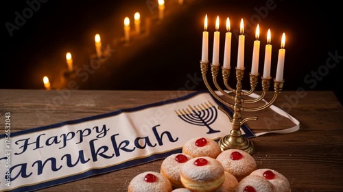 Hanukkah celebration with menorah, candles, donuts, and banner  