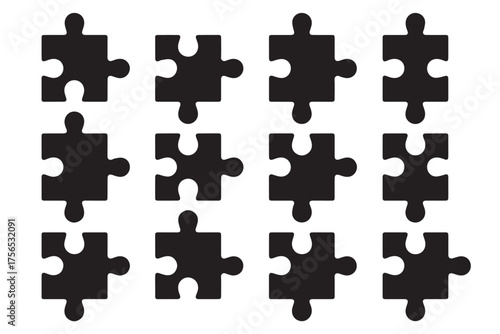 minimalist puzzle pieces arrangement twenty black jigsaw shapes in neat grid vector eps ai for design assets and teaching
