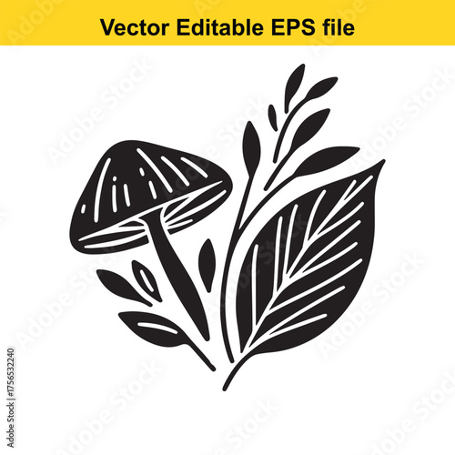 vector art of minimalist black and white mushroom and leaf design