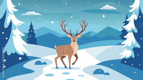 A lone deer wanders through the winter wonderland its hooves gracefully leaving trails in the snow.