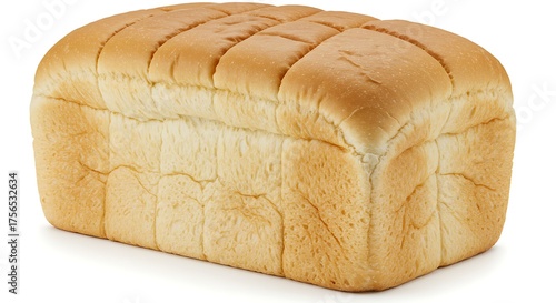 A full loaf of classic pre-sliced white sandwich bread isolated on a pure white backdrop