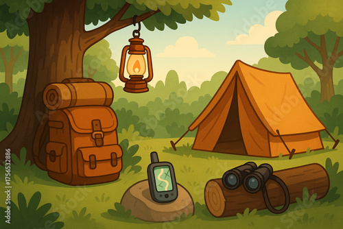 Cartoon camping gear in forest with warm tones