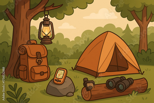 Cartoon camping gear in forest with warm tones