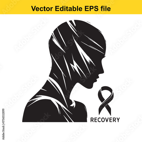 vector art of silhouette of a womans head and shoulders with abstract lines and the word recovery and a ribbon symbol