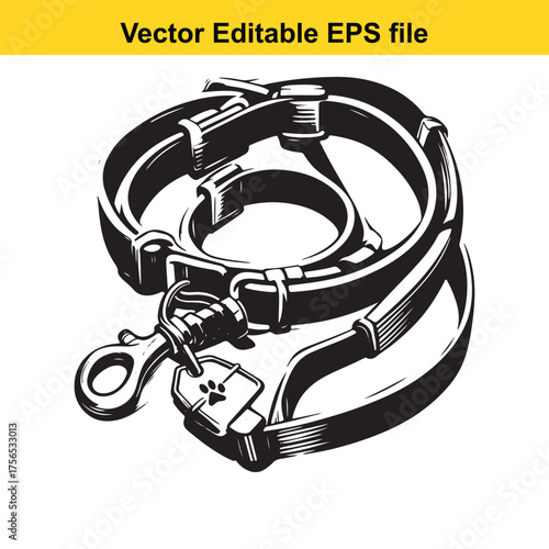 vector art of black and white illustration of a dog collar and leash