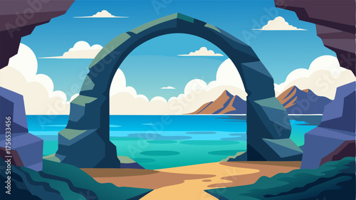 A natural rock archway stands tall framing the endless expanse of the ocean beyond.