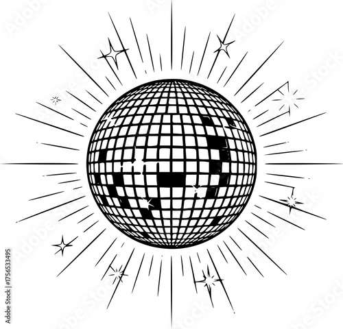 Disco Ball with Sparkling and Sun Ray Effect Black and White Outline Line Art Drawing
