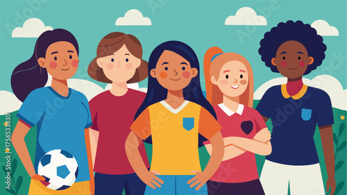 A diverse group of female soccer players of all sizes coming together to play and support each other on the field and off.. Vector illustration
