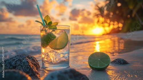 Refreshing Gin and Tonic Cocktail on a Tropical Beach at Sunset.