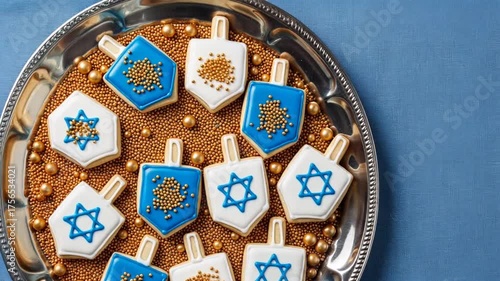 Decoratively designed Hanukkah dreidel cookies on silver tray  