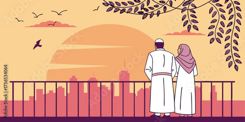 Muslim Couple at Dusk Serene Cityscape Vector Art