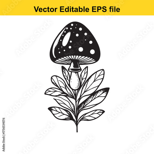 Vsai vector art of black and white illustration of a mushroom with leaves