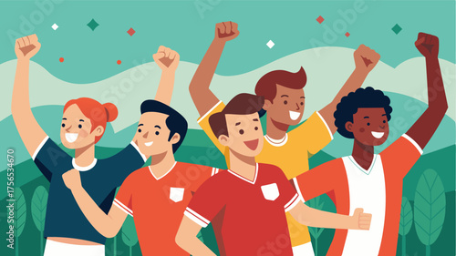 A diverse group of soccer players celebrating their win on the field all wearing their jerseys with pride regardless of their body size.. Vector illustration