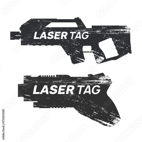 Laser tag text with grunge-style laser gun silhouette. Vintage laser tag illustration featuring distressed black design.