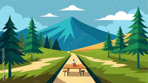 A quiet country road lined with towering pine trees leading to a hidden picnic spot with a stunning view of a sprawling valley.