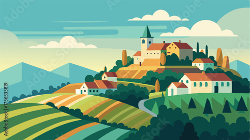 A quaint village perched atop a hill overlooking endless miles of undulating farmland.