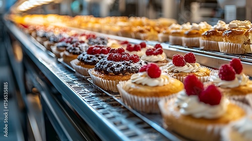 Vibrant display of assorted cupcakes with fruit toppings in a bakery.
