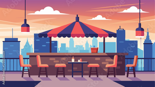 A rooftop bar with a spacious rooftop deck dotted with cozy seating areas and offering stunning views of the city skyline.