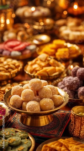 Close-up of traditional Indian sweets and snacks Diwali and Dussehralike ladoo, jalebi, barfi, gulab jamun, kaju katli, table overview, background. 