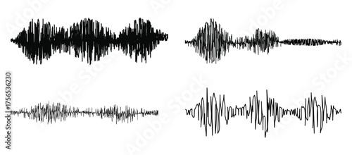 Four distinct black and white abstract sound wave patterns representing audio signals and digital waveforms