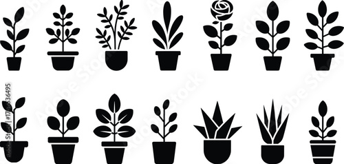 Black plant icon set, silhouette potted plants, botanical clipart, flower and foliage symbols, minimalist decor asset, indoor garden graphics
