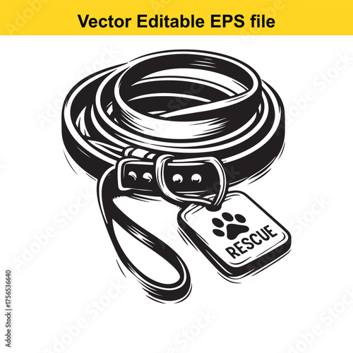 Vsai vector art of a black and white illustration of a rolledup dog leash with a tag that says rescue