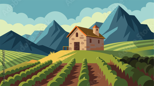 An old stone farmhouse sits at the foot of a towering mountain with rows of neatly planted crops stretching out before it.