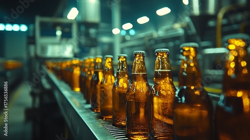Beer bottles moving along a conveyor belt in a modern brewery production line.