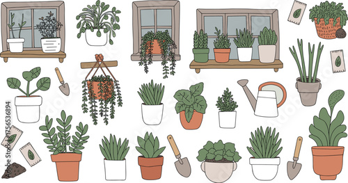 Indoor gardening illustration, potted plants and tools, windowsill greenery clipart, botanical decor design, home garden art, plant care scene