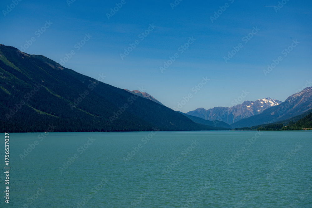 Obraz premium Scenic lake surrounded by mountains under a clear blue sky on a sunny day.