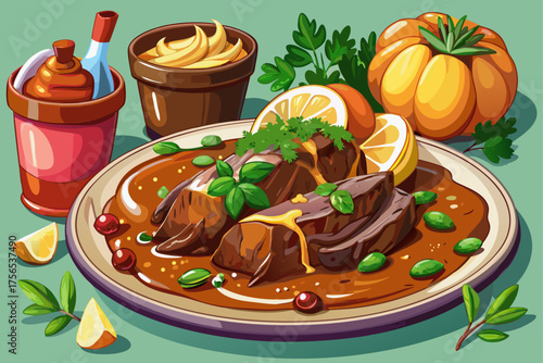 vector of One of the national dishes of Germany!
The beef is marinated in vinegar, wine and spices and then slowly cooked. It has a soft and tender taste that is served with potatoes and vegetables.