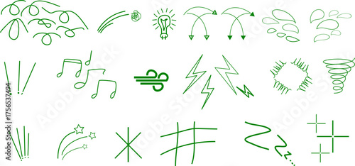 A collection of green hand-drawn icons and symbols including musical notes, lightning bolts, stars, and weather elements.