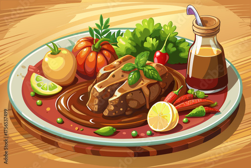 vector of One of the national dishes of Germany!
The beef is marinated in vinegar, wine and spices and then slowly cooked. It has a soft and tender taste that is served with potatoes and vegetables.