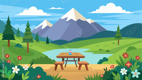 A peaceful clearing with a picnic table and blooming wildflowers the perfect spot to soak in the stunning views of the surrounding mountains.