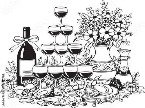 Elegant black and white illustration of a champagne tower with wine bottle and festive decorations
