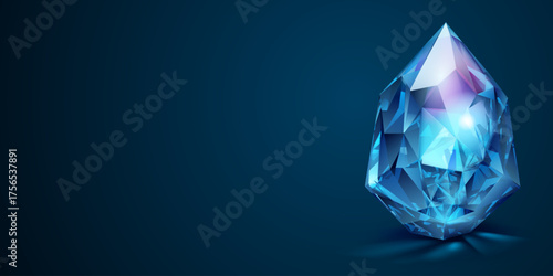 A luminous, multifaceted sapphire with deep blue tones and subtle purple highlights, set against a rich navy backdrop, its polished surfaces reflect light with crystalline clarity.