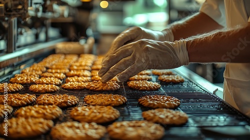 Baker wearing gloves arranging freshly baked cookies on a cooling rack.