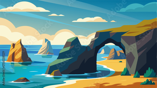 A picturesque coastline dotted with natural arches and sea stacks their unique shapes formed by centuries of erosion.
